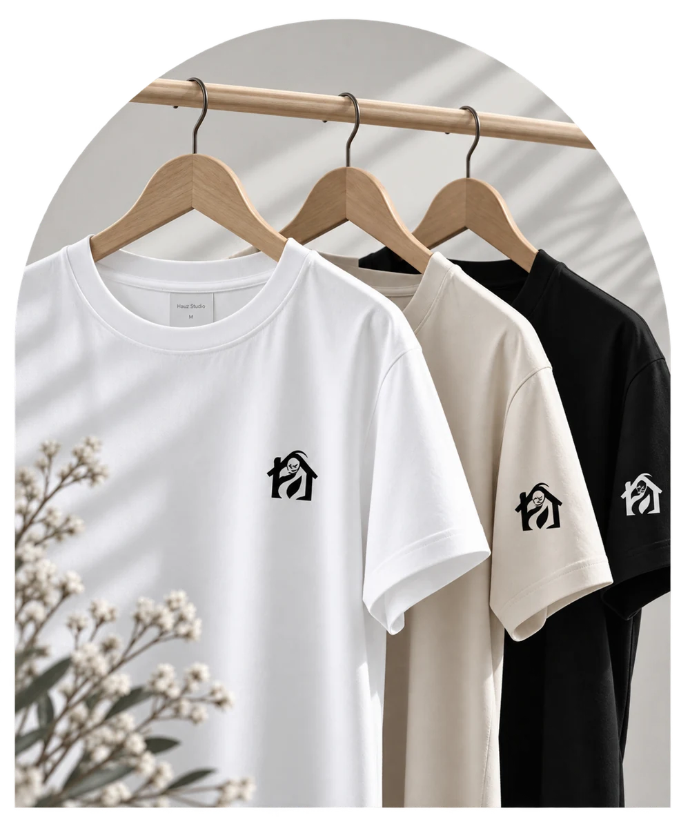 White, cream and black T-shirt mockups with The House of Creatives logo