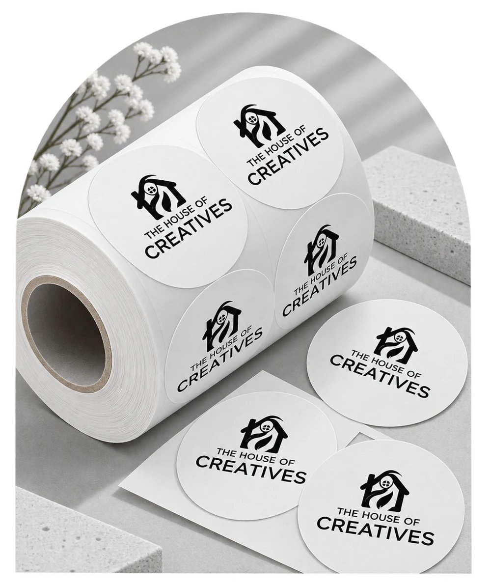 Roll and individual sticker mockups featuring the studio logo
