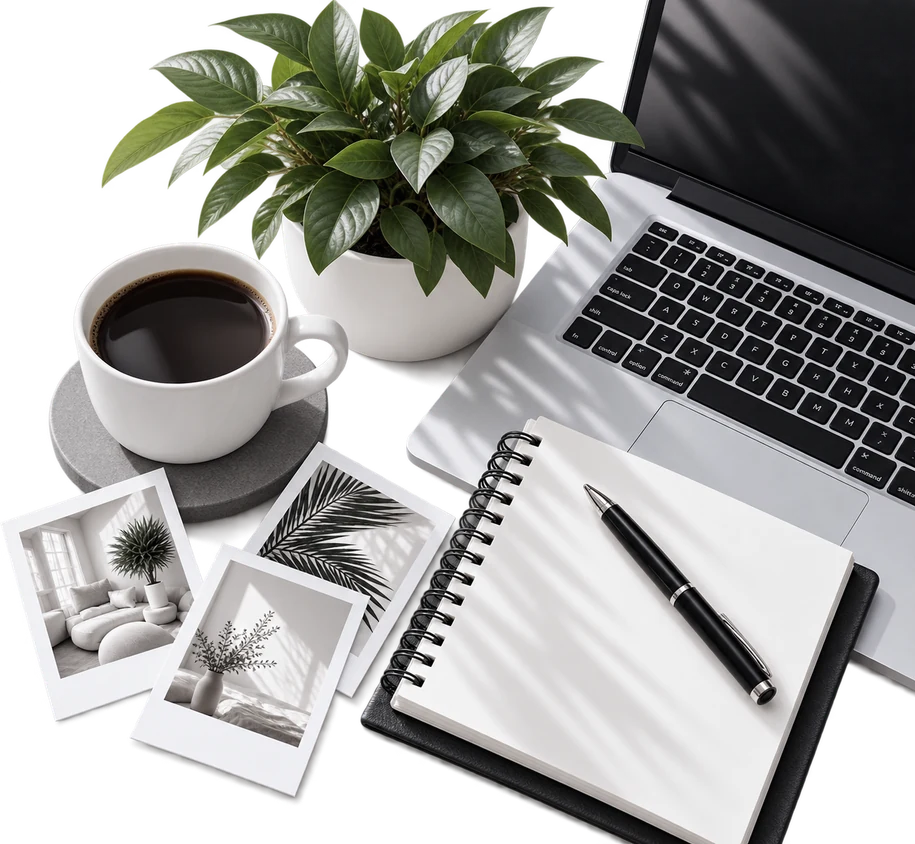 Creative workspace concept with a notebook, laptop and design materials
